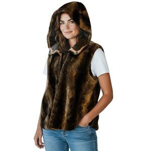 Maksar Faux Fur hooded sleeveless vest ladies medium plush teddy layering piece